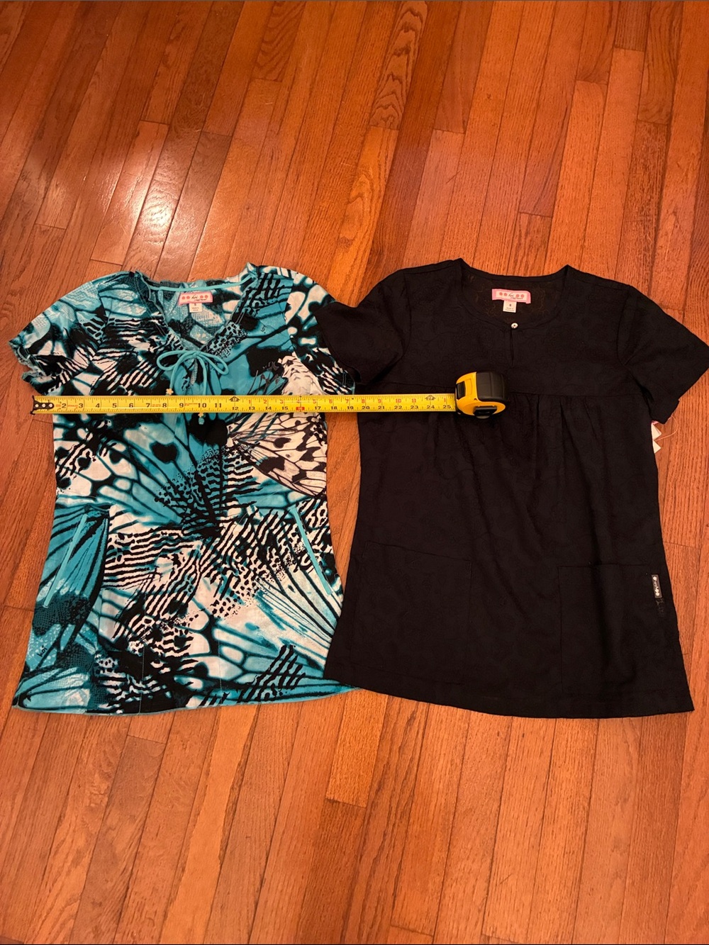 Koi Women's Tunic Scrub Tops Set, Blue/Black Butterfly Print and Solid Black